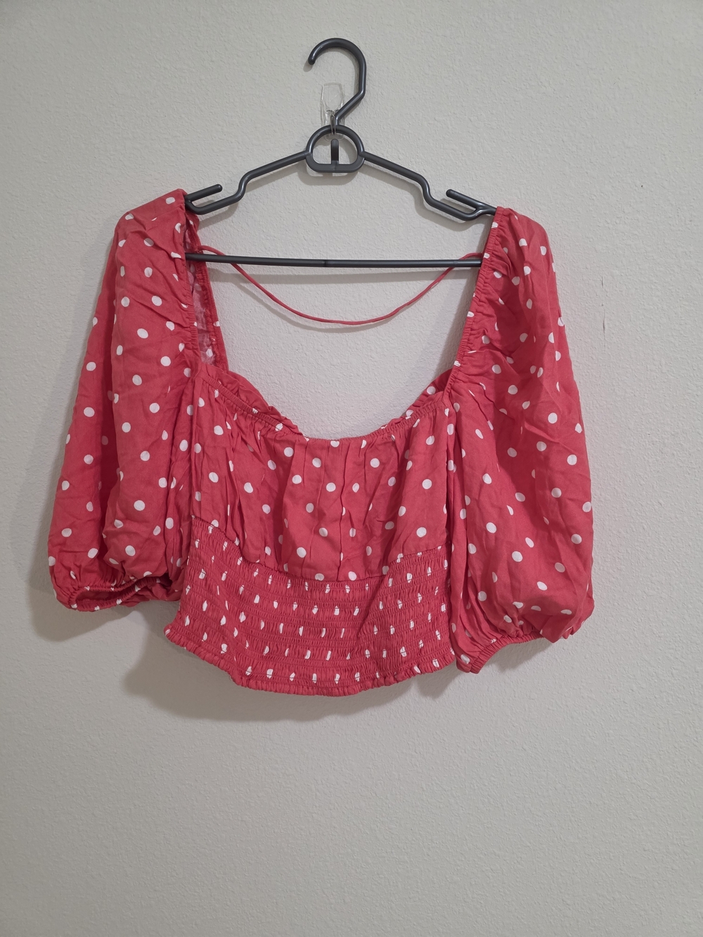 AFRM Pink Polka Dot Puff-Sleeve Cropped Blouse